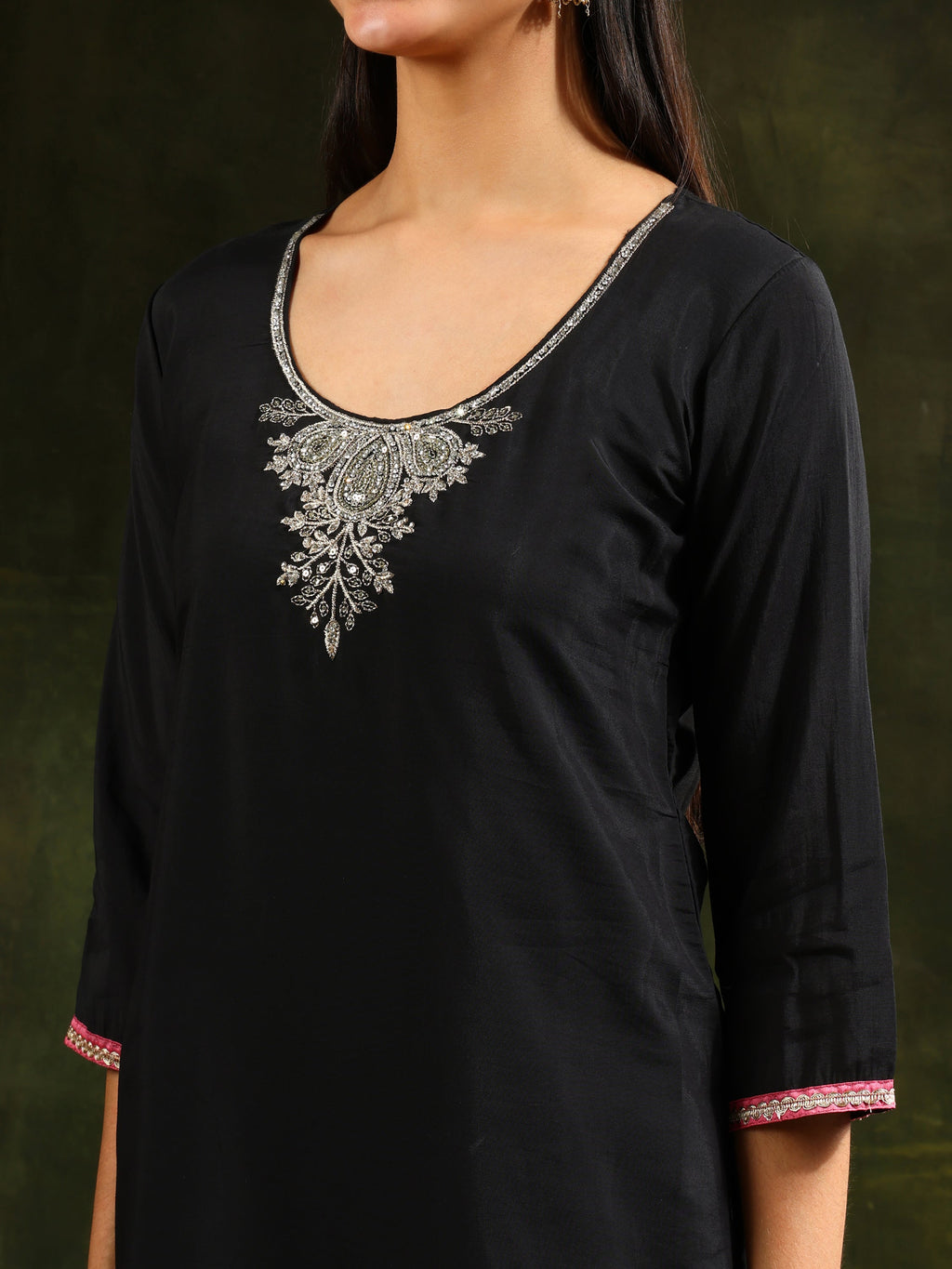 Swarovski & Sequined Embroidered Kurta With Pant & Dupatta, Black - Hiral Fashion | Grocsy