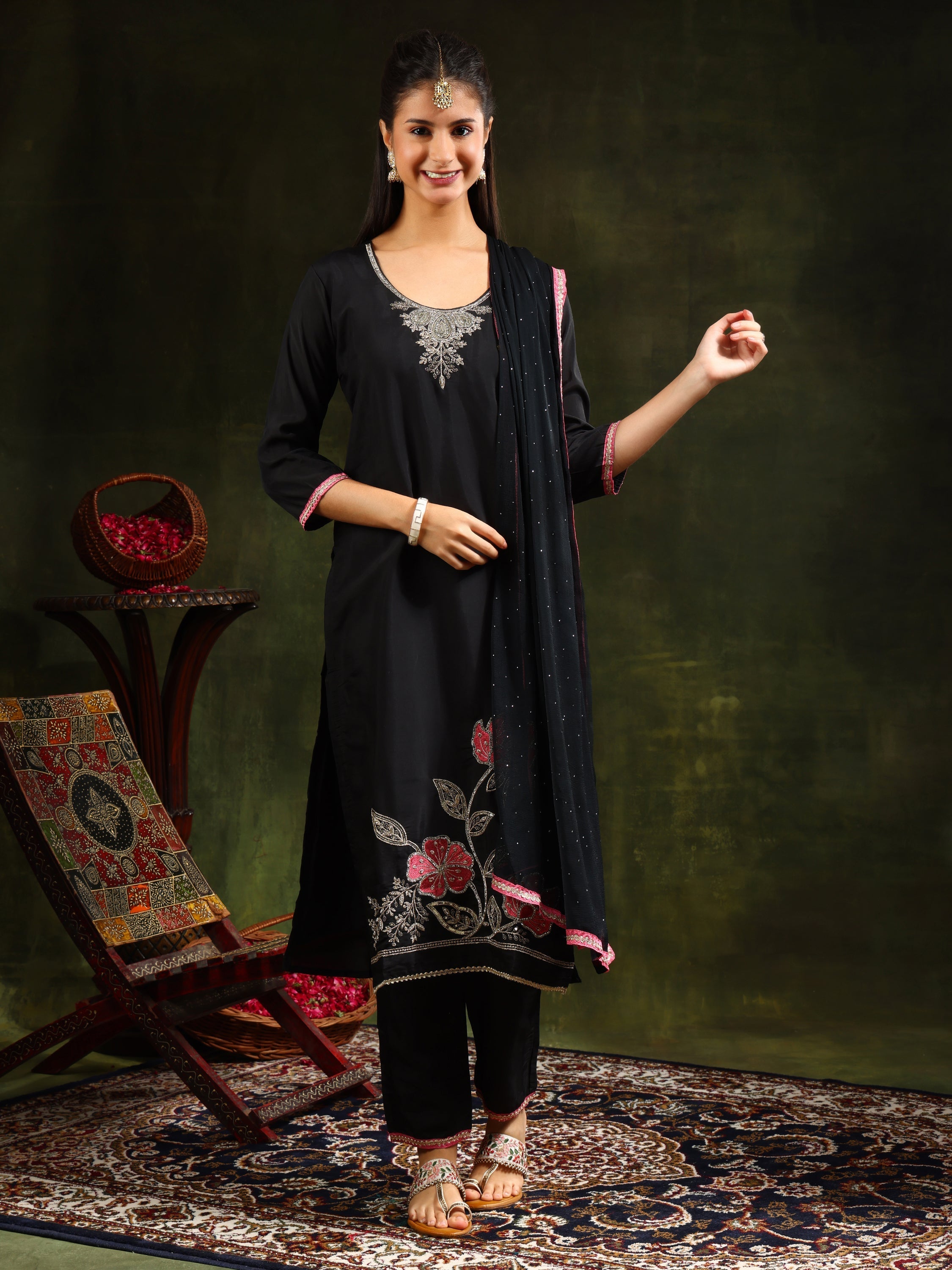 Swarovski & Sequined Embroidered Kurta With Pant & Dupatta, Black - Hiral Fashion | Grocsy