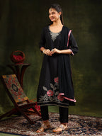Swarovski & Sequined Embroidered Kurta With Pant & Dupatta, Black - Hiral Fashion | Grocsy