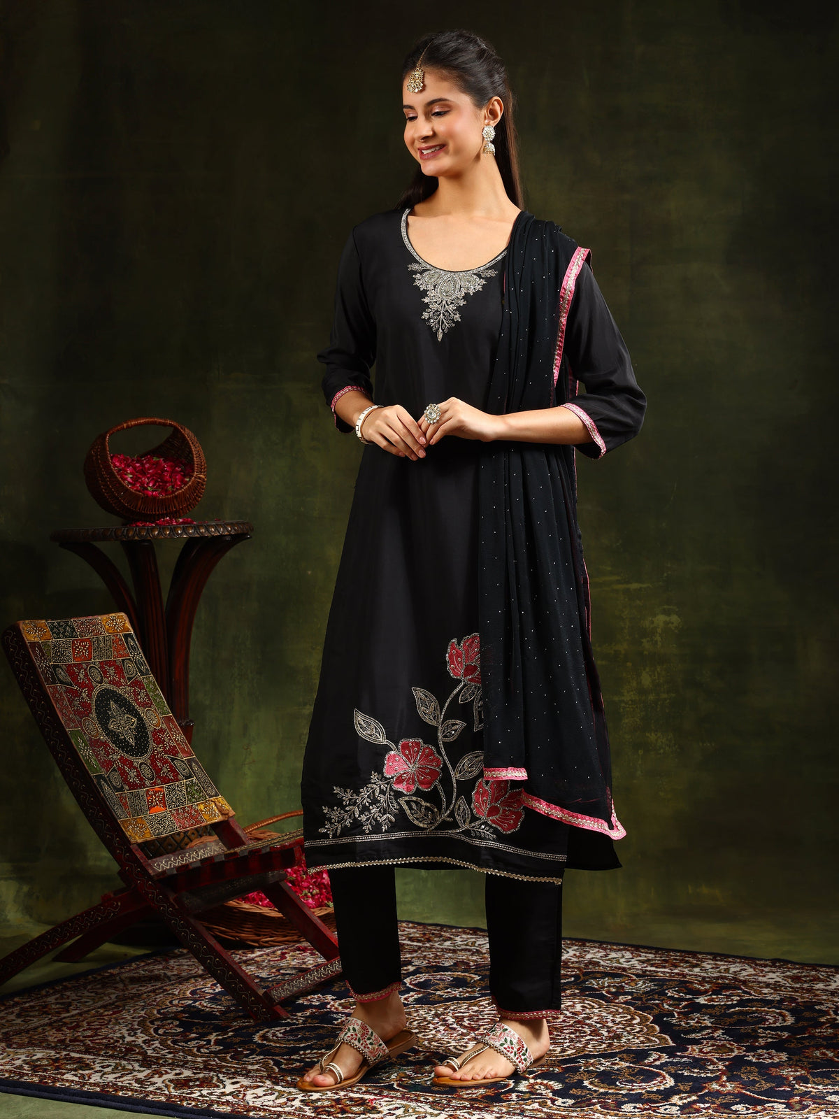 Swarovski & Sequined Embroidered Kurta With Pant & Dupatta, Black - Hiral Fashion | Grocsy