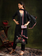 Swarovski & Sequined Embroidered Kurta With Pant & Dupatta, Black - Hiral Fashion | Grocsy