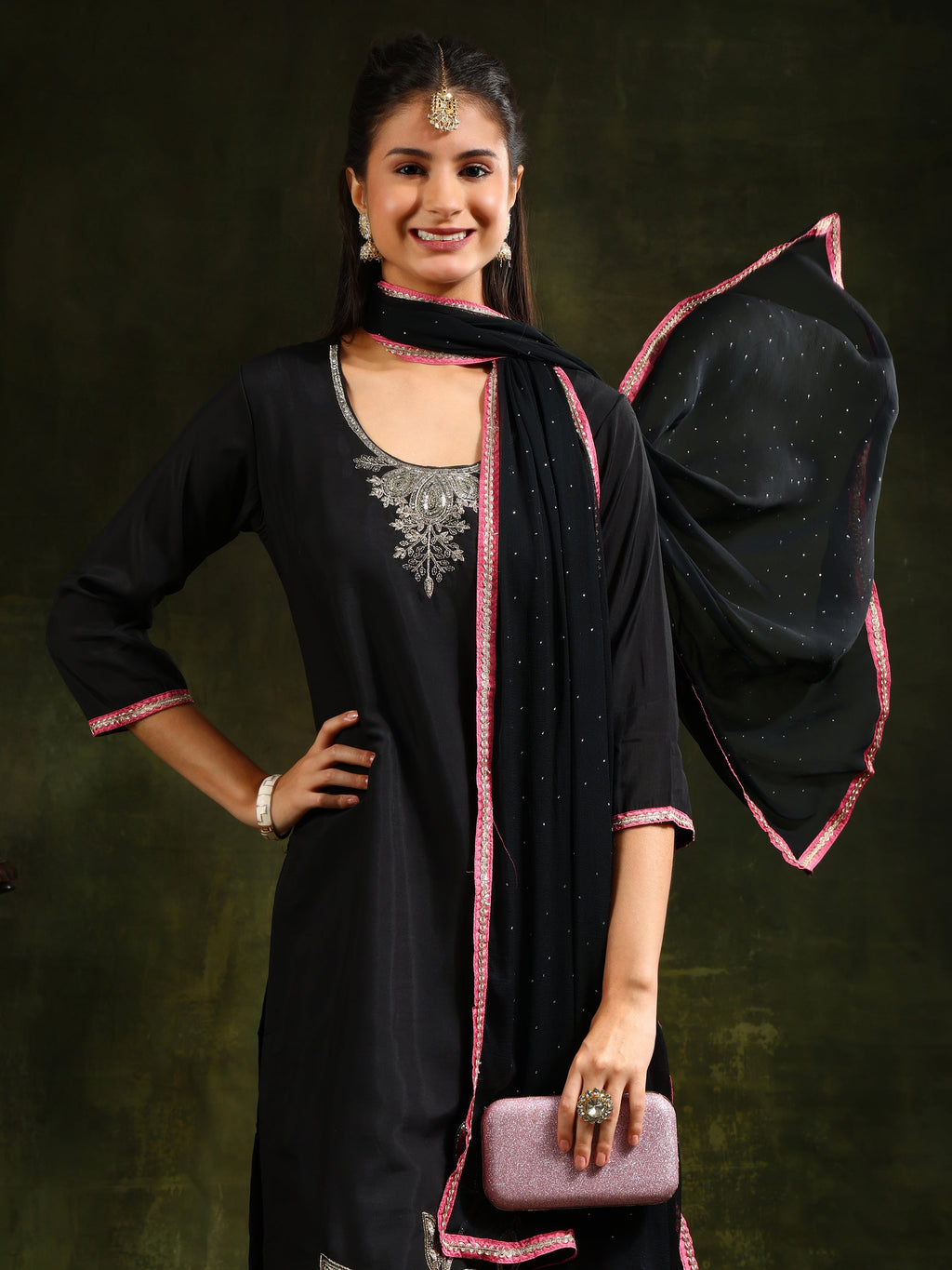 Swarovski & Sequined Embroidered Kurta With Pant & Dupatta, Black - Hiral Fashion | Grocsy