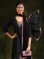Swarovski & Sequined Embroidered Kurta With Pant & Dupatta, Black - Hiral Fashion | Grocsy