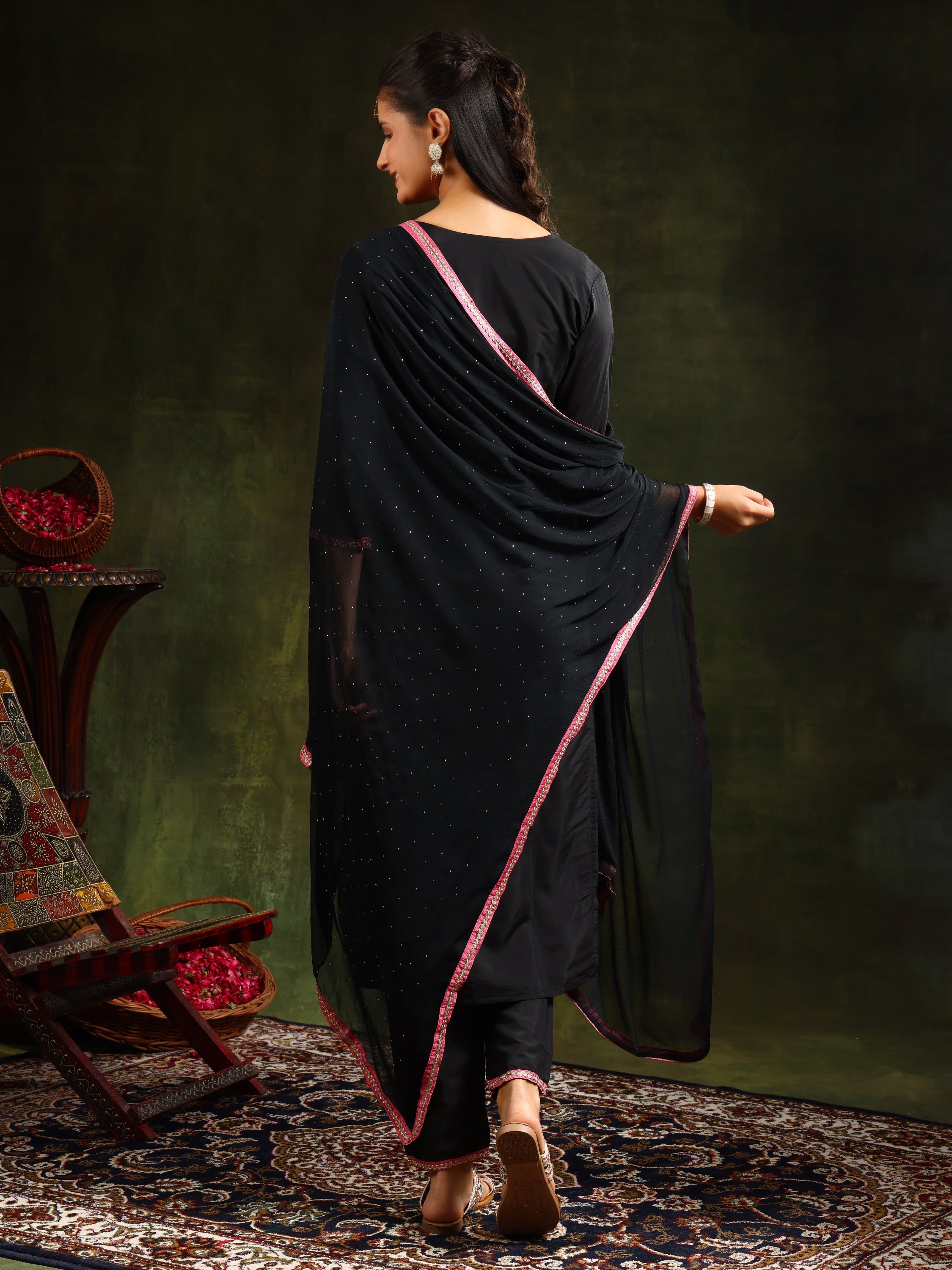 Swarovski & Sequined Embroidered Kurta With Pant & Dupatta, Black - Hiral Fashion | Grocsy