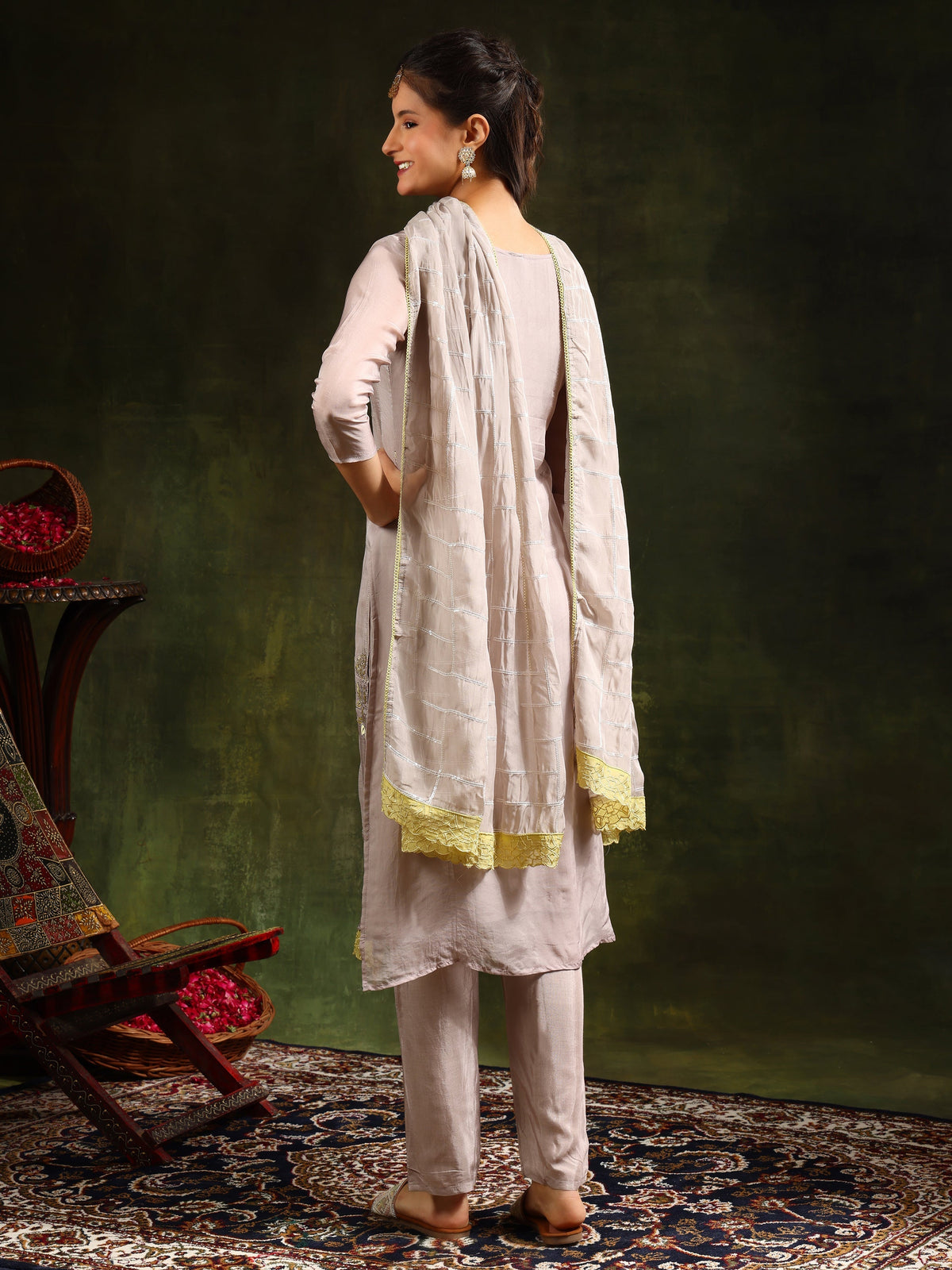 Hand Embroidered Kurta With Pant & Organza Sequined Embroidered Dupatta, Grey - Hiral Fashion | Grocsy