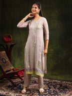 Hand Embroidered Kurta With Pant & Organza Sequined Embroidered Dupatta, Grey - Hiral Fashion | Grocsy
