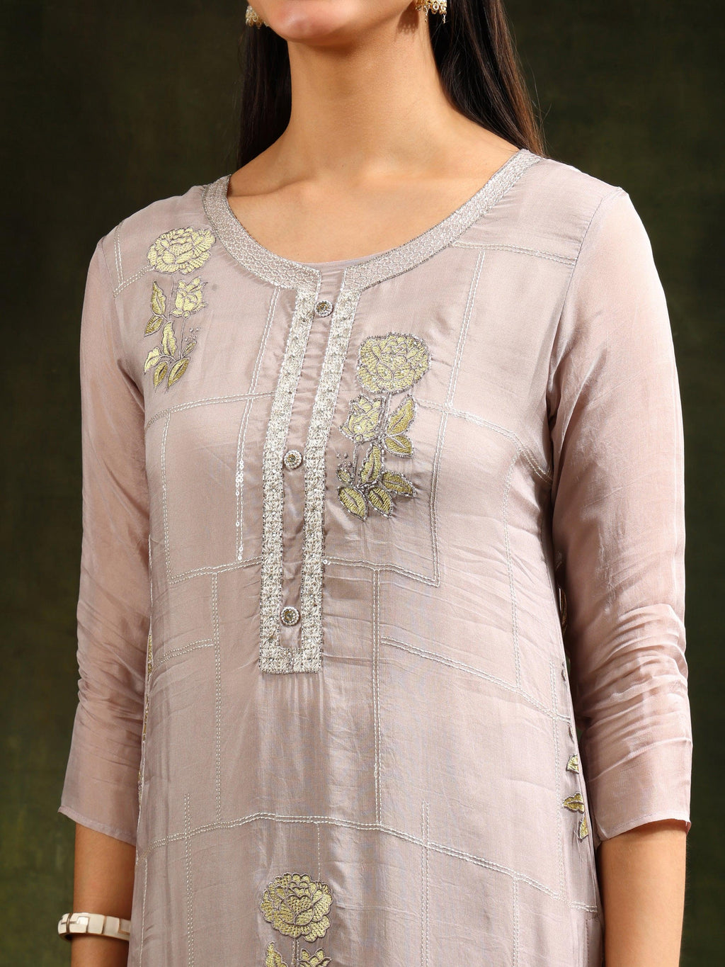 Hand Embroidered Kurta With Pant & Organza Sequined Embroidered Dupatta, Grey - Hiral Fashion | Grocsy