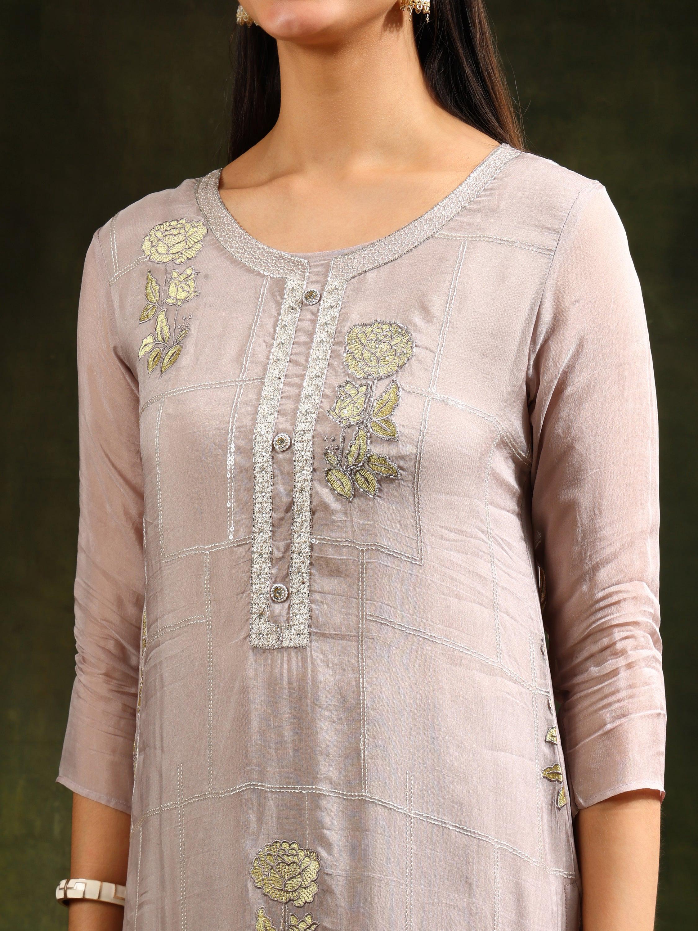 Hand Embroidered Kurta With Pant & Organza Sequined Embroidered Dupatta, Grey - Hiral Fashion | Grocsy