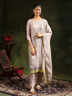 Hand Embroidered Kurta With Pant & Organza Sequined Embroidered Dupatta, Grey - Hiral Fashion | Grocsy