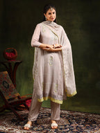 Hand Embroidered Kurta With Pant & Organza Sequined Embroidered Dupatta, Grey - Hiral Fashion | Grocsy