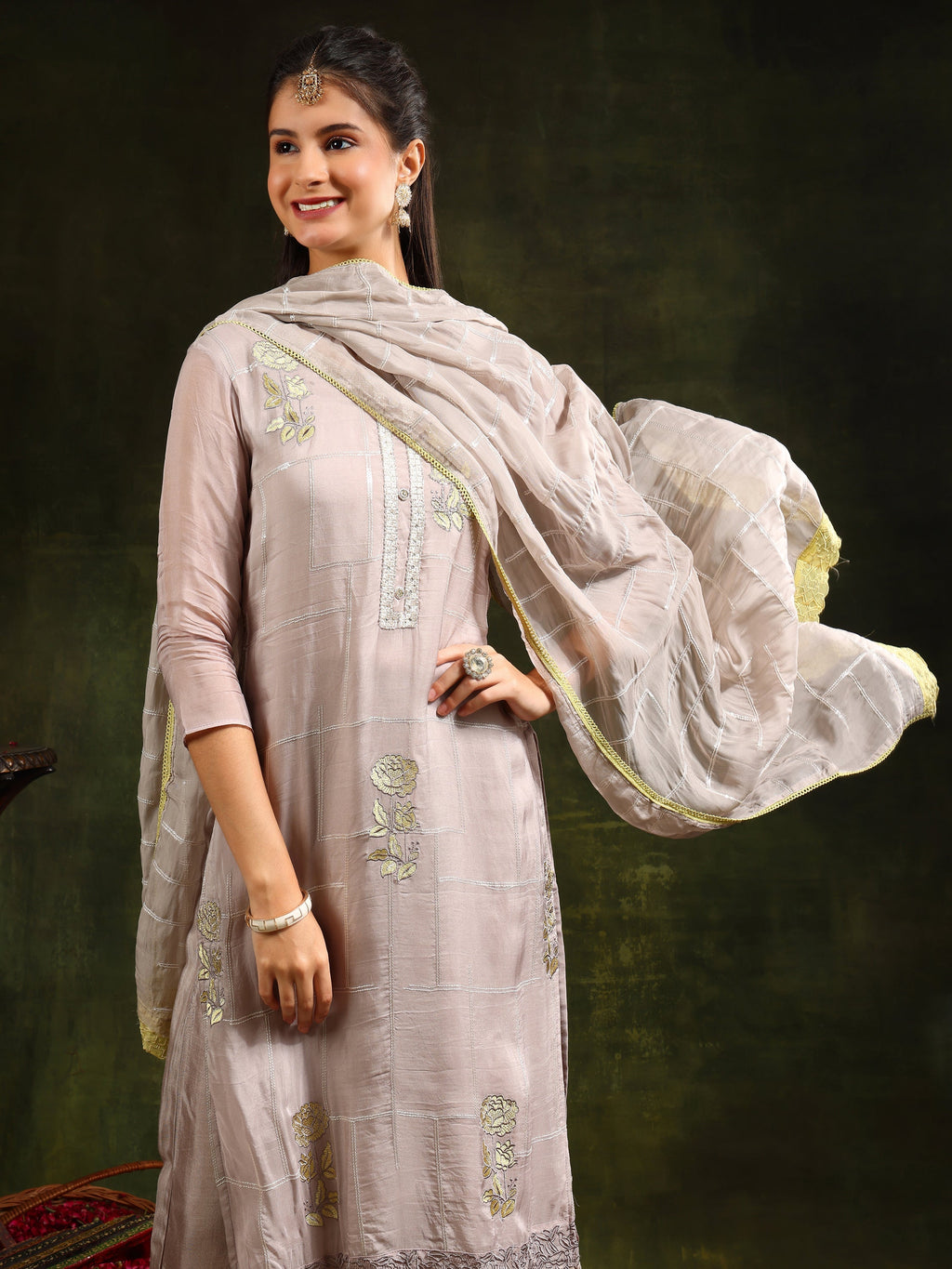 Hand Embroidered Kurta With Pant & Organza Sequined Embroidered Dupatta, Grey - Hiral Fashion | Grocsy