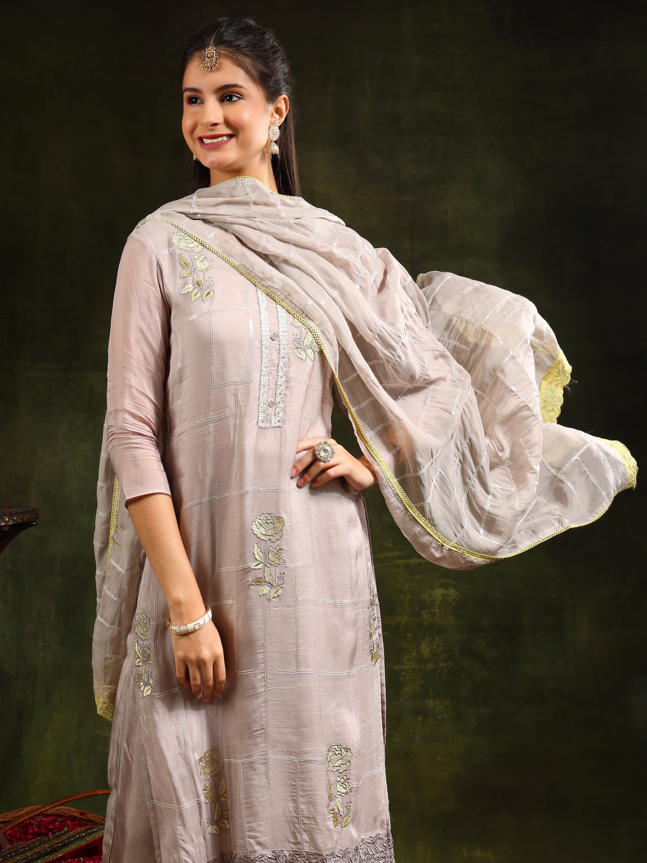 Hand Embroidered Kurta With Pant & Organza Sequined Embroidered Dupatta, Grey - Hiral Fashion | Grocsy