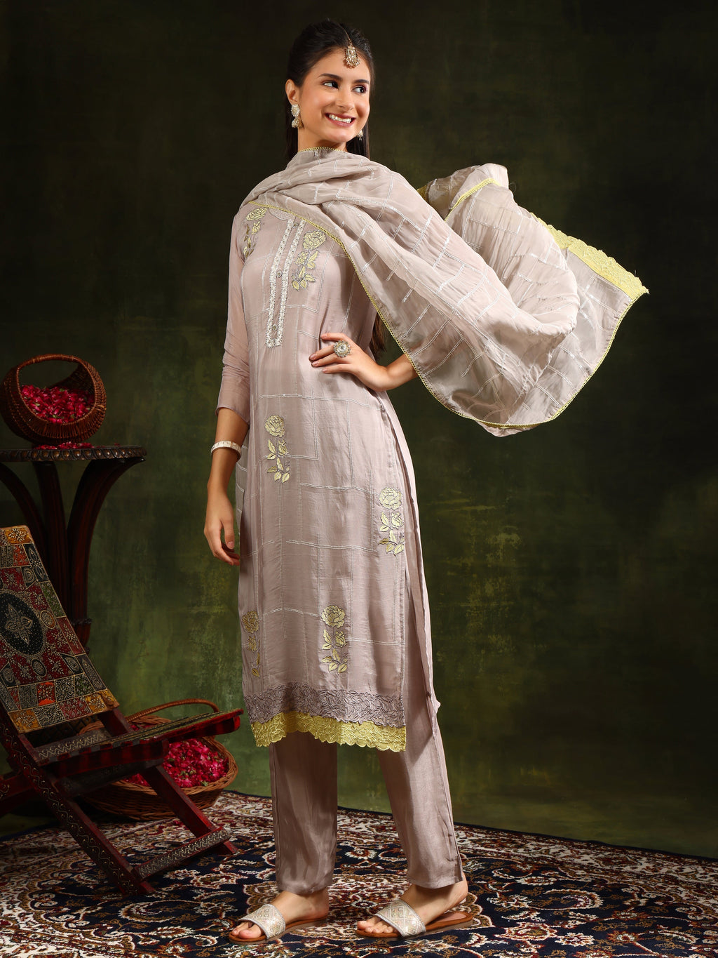 Hand Embroidered Kurta With Pant & Organza Sequined Embroidered Dupatta, Grey - Hiral Fashion | Grocsy