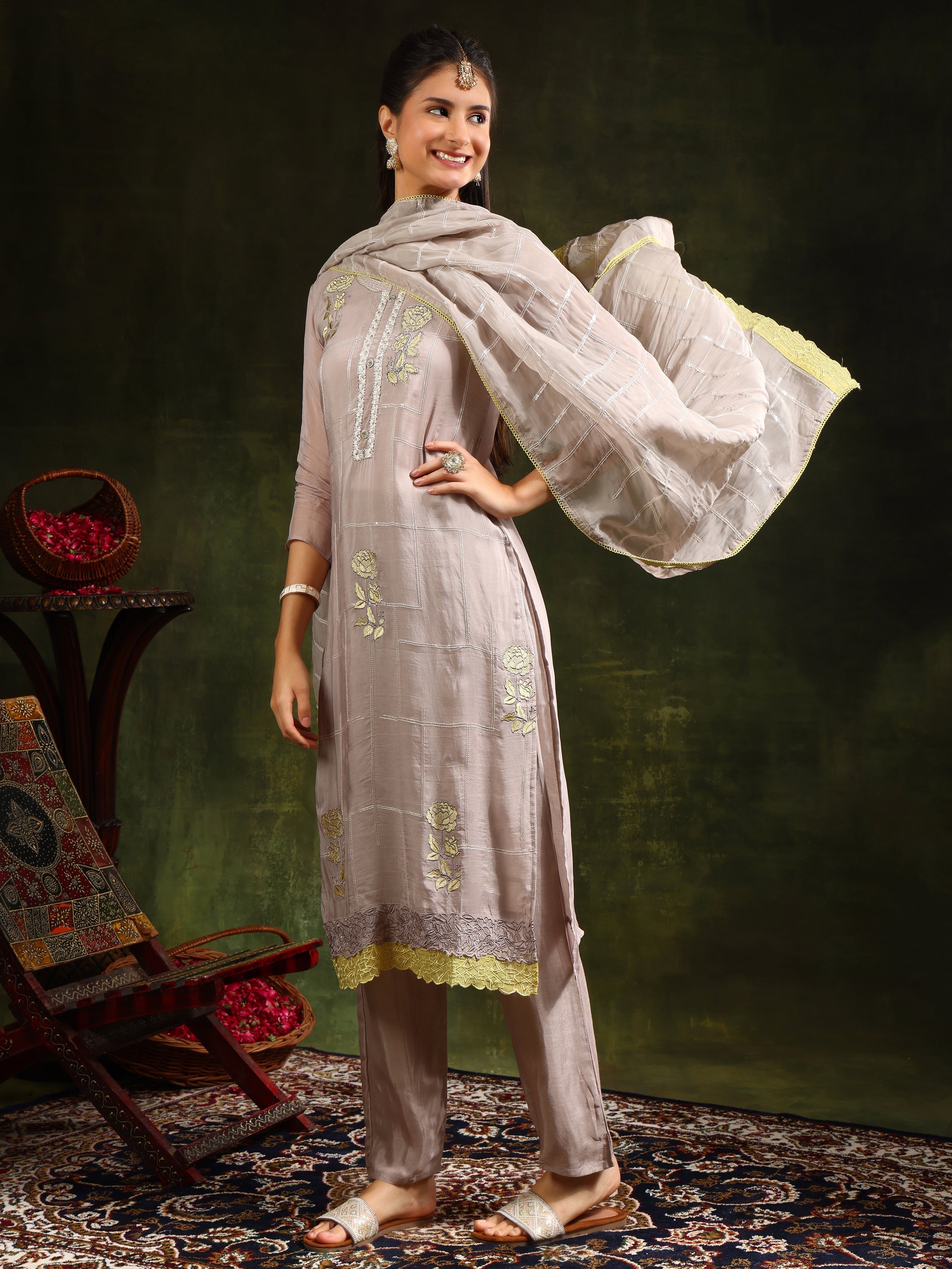 Hand Embroidered Kurta With Pant & Organza Sequined Embroidered Dupatta, Grey - Hiral Fashion | Grocsy
