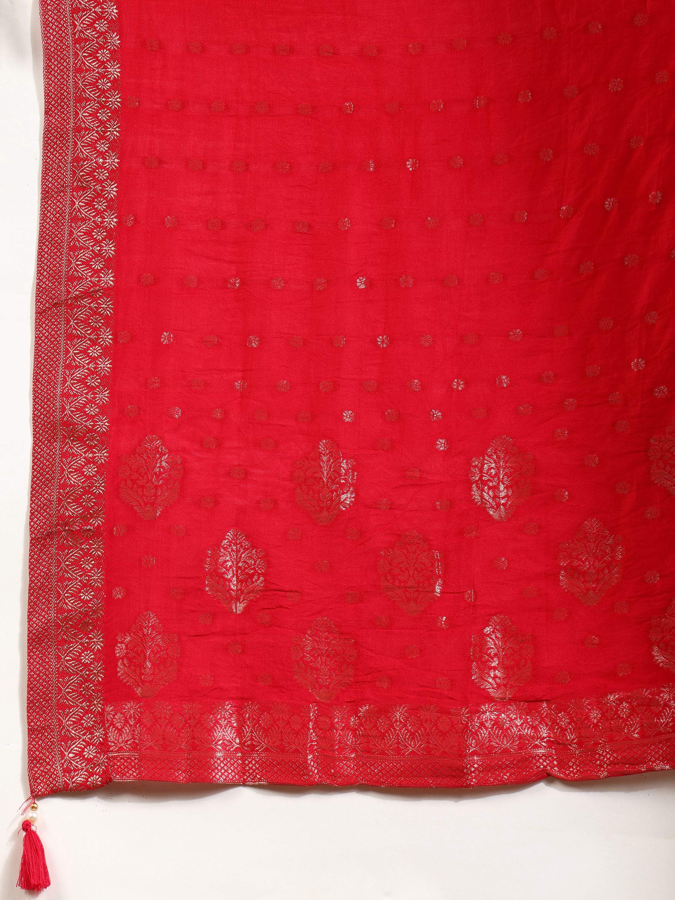 Hand Embroidered Kurta With Pant & Banarasi Silk Dupatta, Red - Hiral Fashion | Grocsy