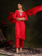 Hand Embroidered Kurta With Pant & Banarasi Silk Dupatta, Red - Hiral Fashion | Grocsy