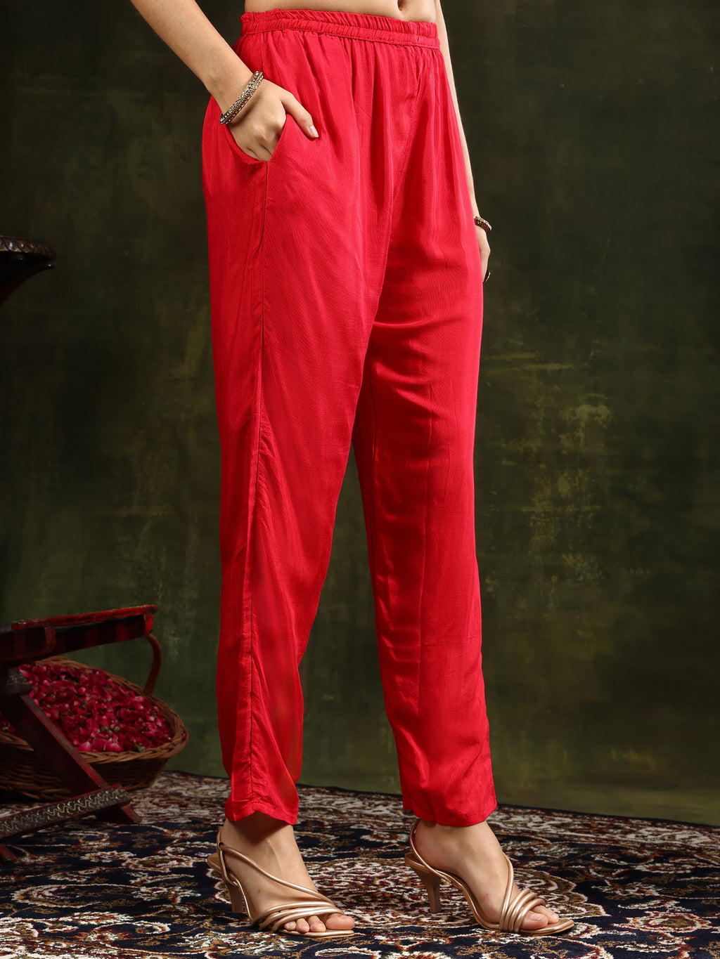 Hand Embroidered Kurta With Pant & Banarasi Silk Dupatta, Red - Hiral Fashion | Grocsy