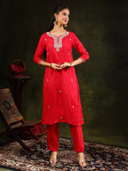 Hand Embroidered Kurta With Pant & Banarasi Silk Dupatta, Red - Hiral Fashion | Grocsy