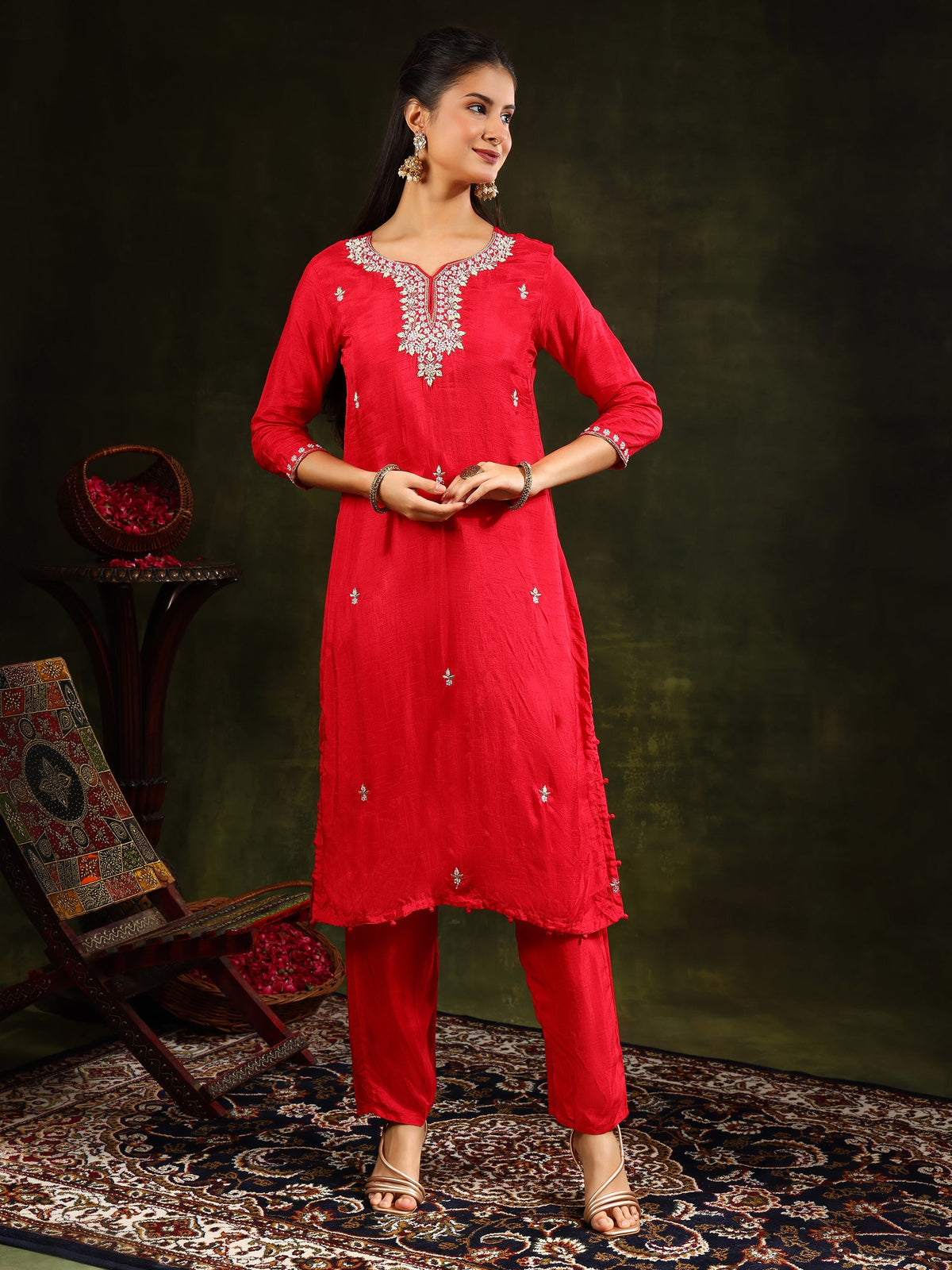 Hand Embroidered Kurta With Pant & Banarasi Silk Dupatta, Red - Hiral Fashion | Grocsy