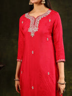 Hand Embroidered Kurta With Pant & Banarasi Silk Dupatta, Red - Hiral Fashion | Grocsy
