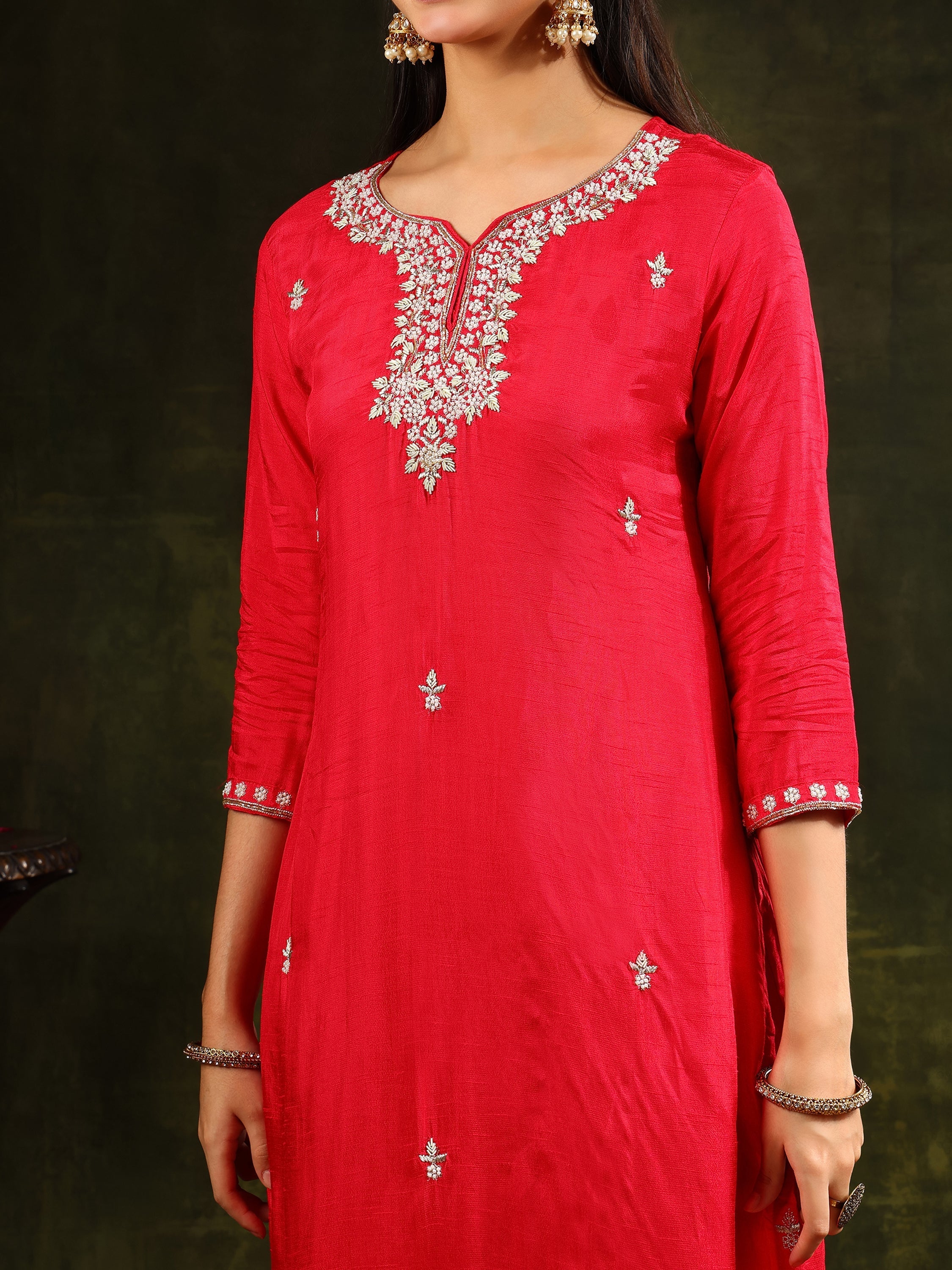 Hand Embroidered Kurta With Pant & Banarasi Silk Dupatta, Red - Hiral Fashion | Grocsy
