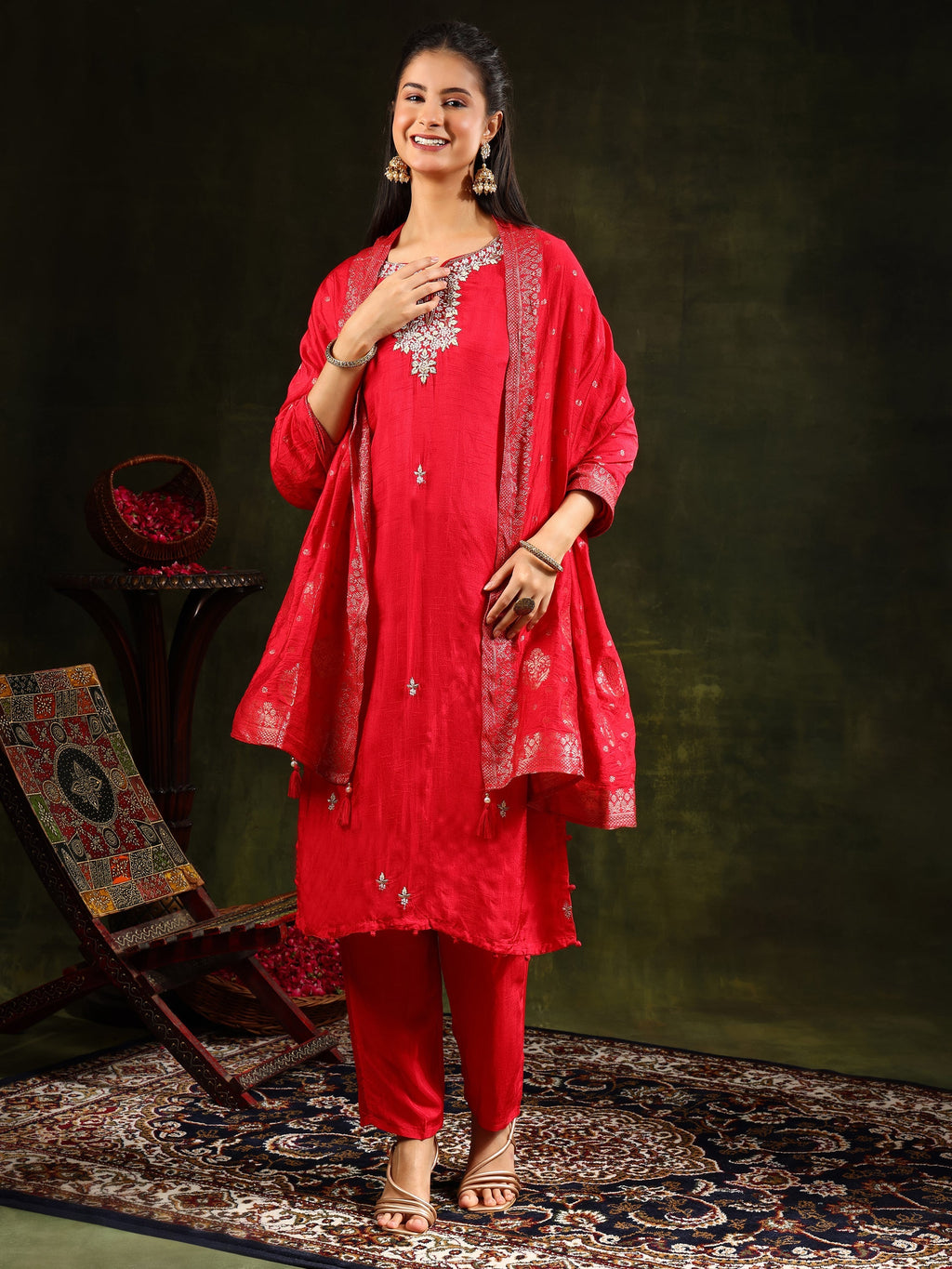 Hand Embroidered Kurta With Pant & Banarasi Silk Dupatta, Red - Hiral Fashion | Grocsy