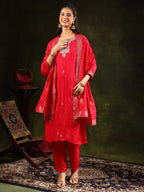 Hand Embroidered Kurta With Pant & Banarasi Silk Dupatta, Red - Hiral Fashion | Grocsy
