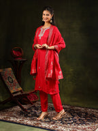 Hand Embroidered Kurta With Pant & Banarasi Silk Dupatta, Red - Hiral Fashion | Grocsy
