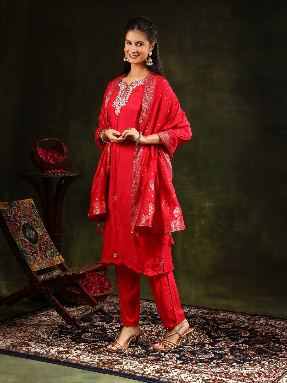Hand Embroidered Kurta With Pant & Banarasi Silk Dupatta, Red - Hiral Fashion | Grocsy