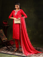 Hand Embroidered Kurta With Pant & Banarasi Silk Dupatta, Red - Hiral Fashion | Grocsy
