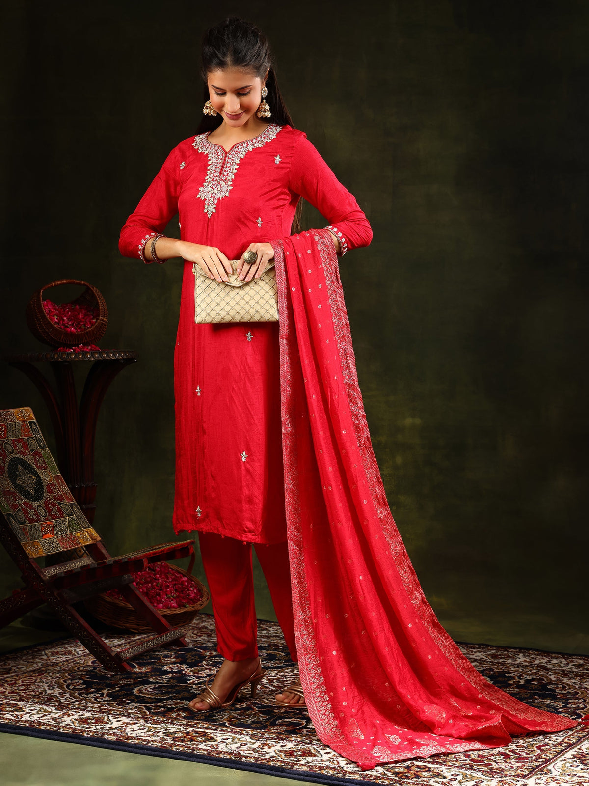 Hand Embroidered Kurta With Pant & Banarasi Silk Dupatta, Red - Hiral Fashion | Grocsy