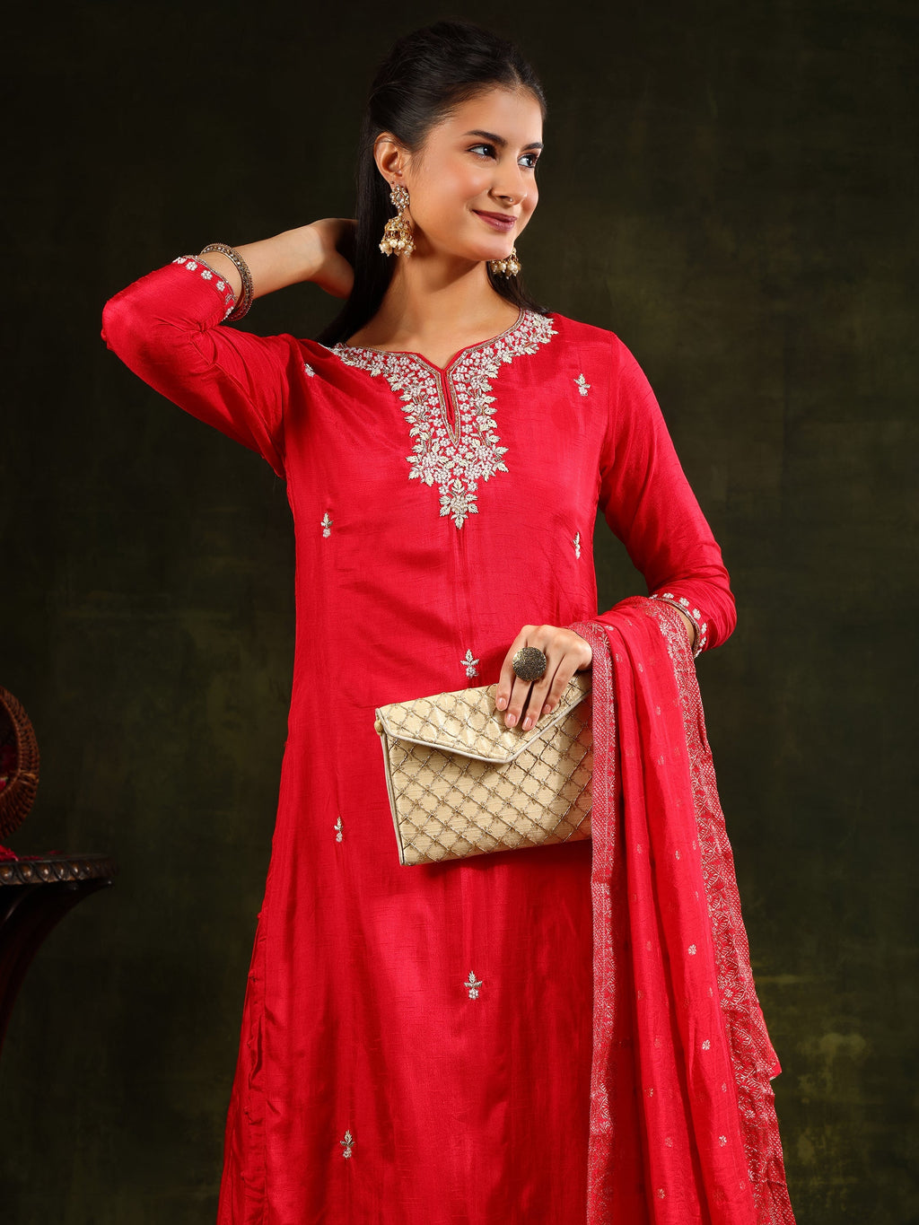 Hand Embroidered Kurta With Pant & Banarasi Silk Dupatta, Red - Hiral Fashion | Grocsy