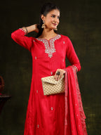 Hand Embroidered Kurta With Pant & Banarasi Silk Dupatta, Red - Hiral Fashion | Grocsy