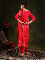Hand Embroidered Kurta With Pant & Banarasi Silk Dupatta, Red - Hiral Fashion | Grocsy