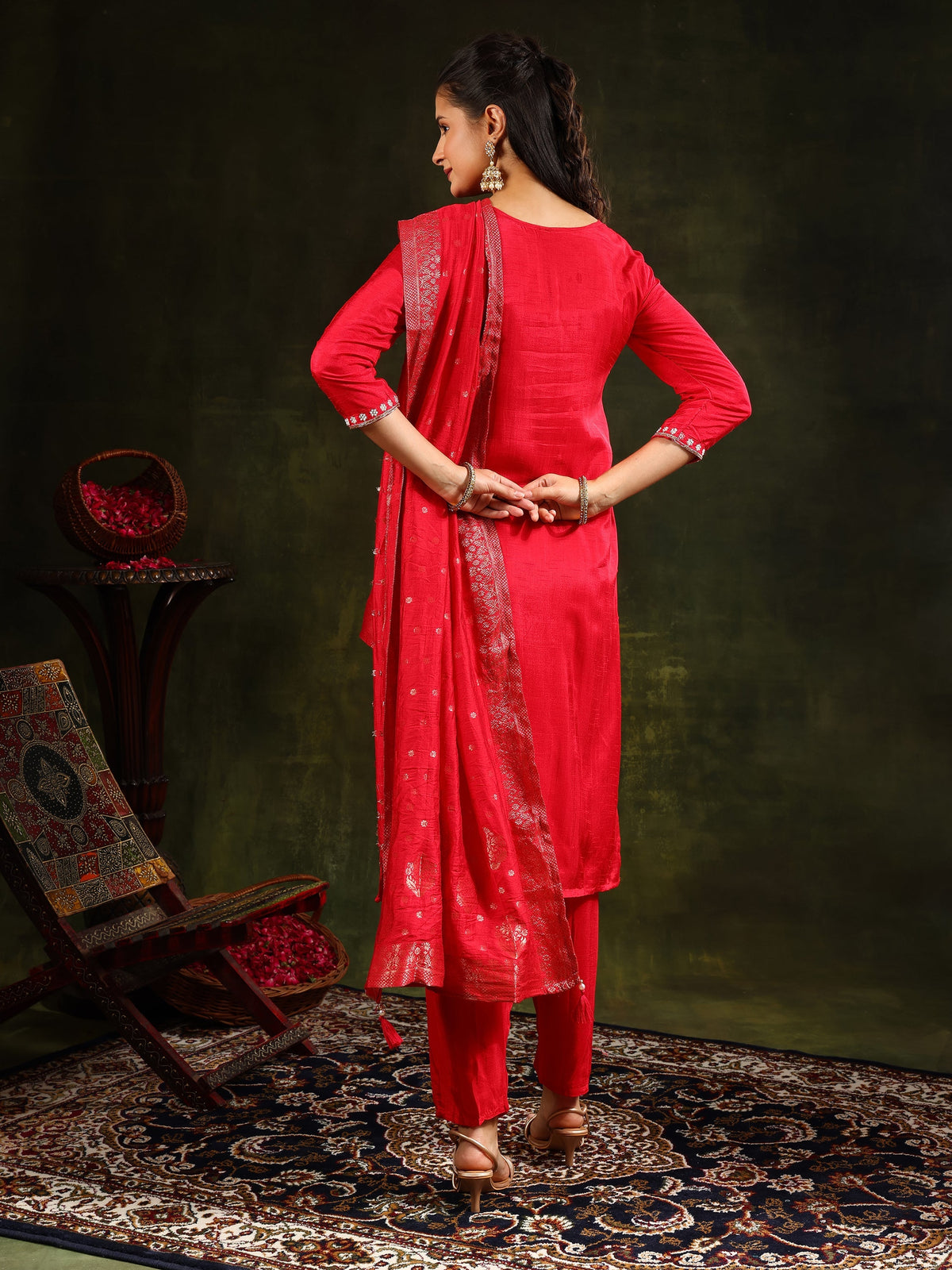 Hand Embroidered Kurta With Pant & Banarasi Silk Dupatta, Red - Hiral Fashion | Grocsy
