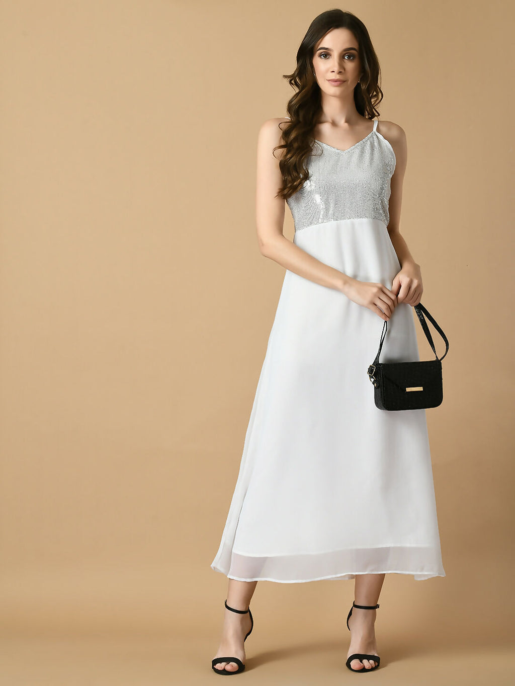 Myshka Women's White Solid Georgette Party Dress | Grocsy