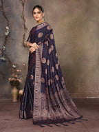 Joban Fashion Navy Blue Woven Jacquard Banarasi Silk Sarees | Grocsy