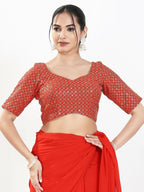 Joban Fashion Red Silk Padded Blouse With Sweetheart Neck Elbow Sleeves | Grocsy