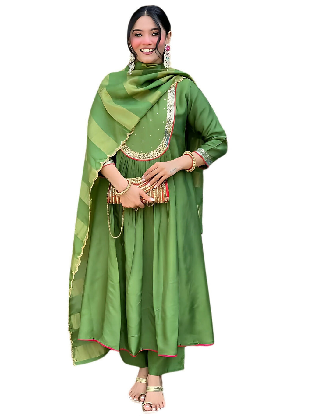 The52 Light Green Women's Gorgeous Embroidered Work Chanderi Fabric Flared Kurta Pant and Dupatta Set | Grocsy