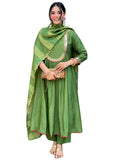 The52 Light Green Women's Gorgeous Embroidered Work Chanderi Fabric Flared Kurta Pant and Dupatta Set | Grocsy