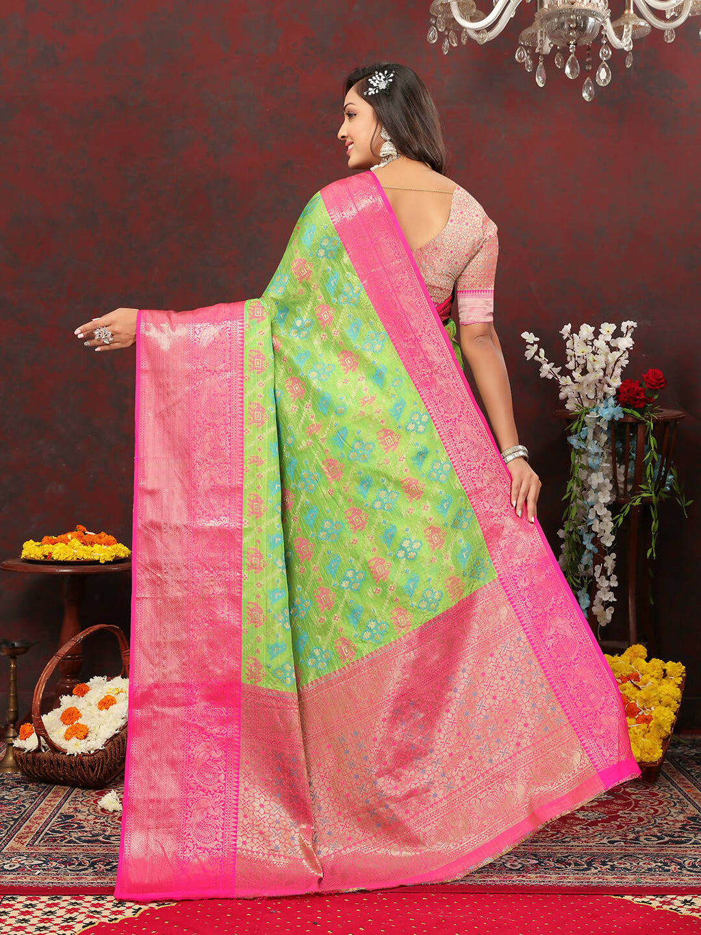 Lorenvalley Fashion Green Cotton Woven Design Zari Meenakari Weaving Saree | Grocsy