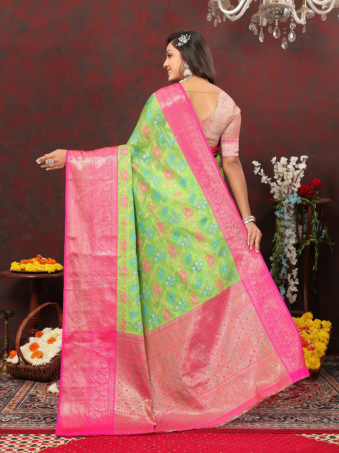 Lorenvalley Fashion Green Cotton Woven Design Zari Meenakari Weaving Saree | Grocsy