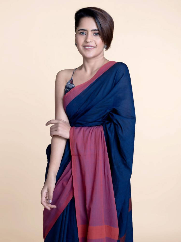 Suta Navy Blue Pink Colourblocked Mul Saree | Grocsy