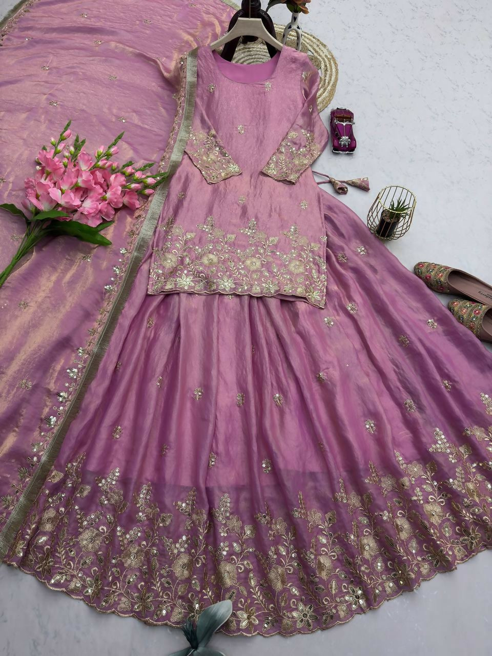 Teeya Creation Womens New Latest Heavy Embroidery Sequins Work Lehenga Set - Pink | Grocsy
