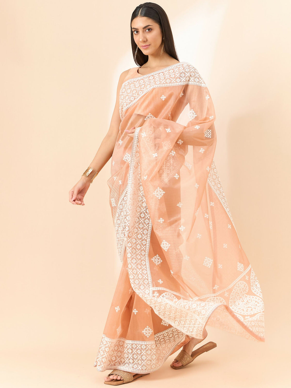 Peach Organza Geometric Embroidered Saree with Unstitched Blouse Piece - Roozal | Grocsy
