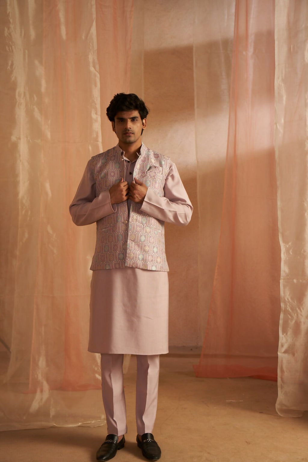Purple Viscose Designer Printed Men's Kurta Set with Koti - Mahotsav | Grocsy