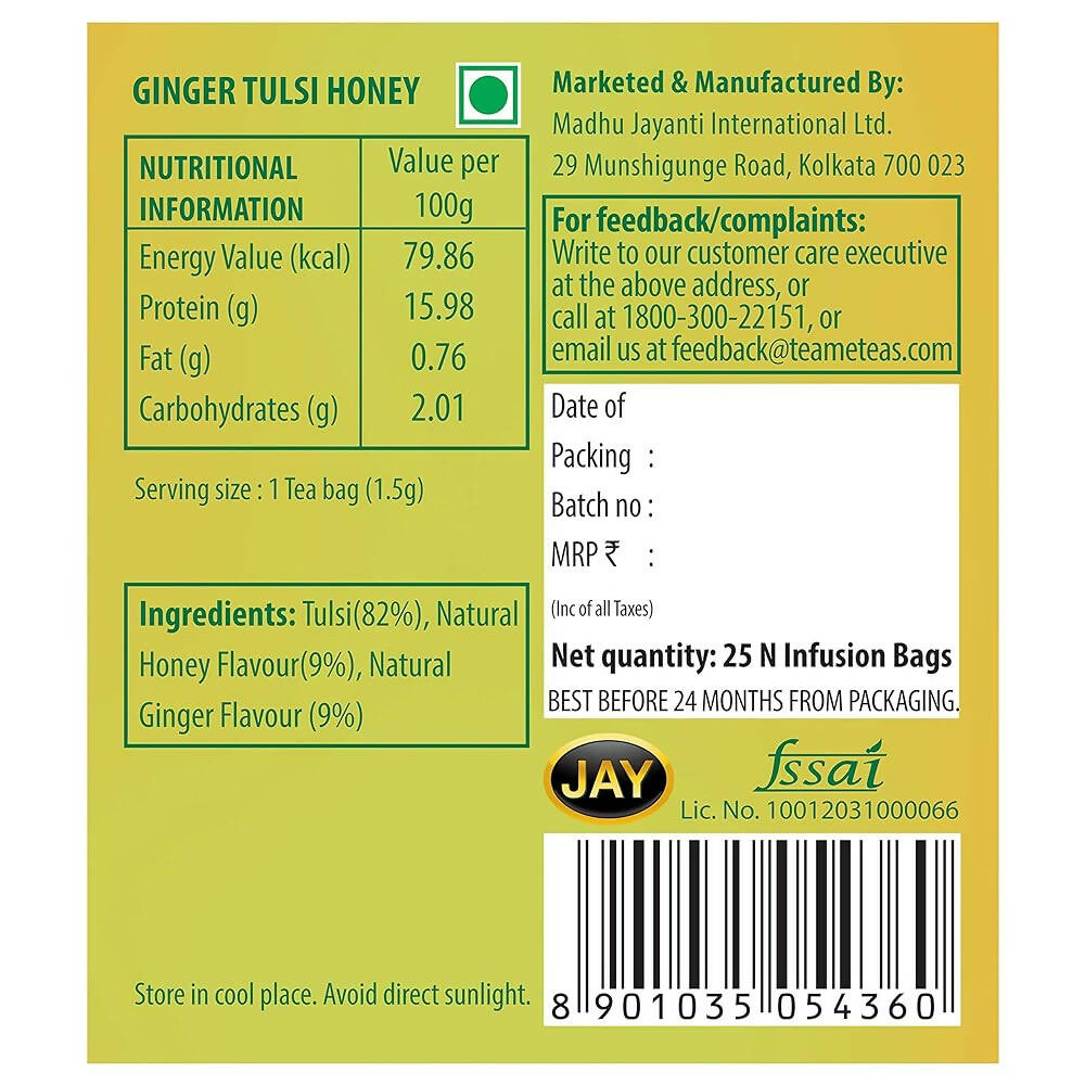 TE-A-ME Charge Ginger Tulsi Honey Herbal Infusion Tea Bags | Grocsy