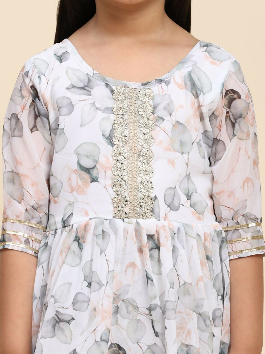 Alakhi Studio Girls Floral Georgette Printed Round-Neck Kurta With Sharara - White | Grocsy