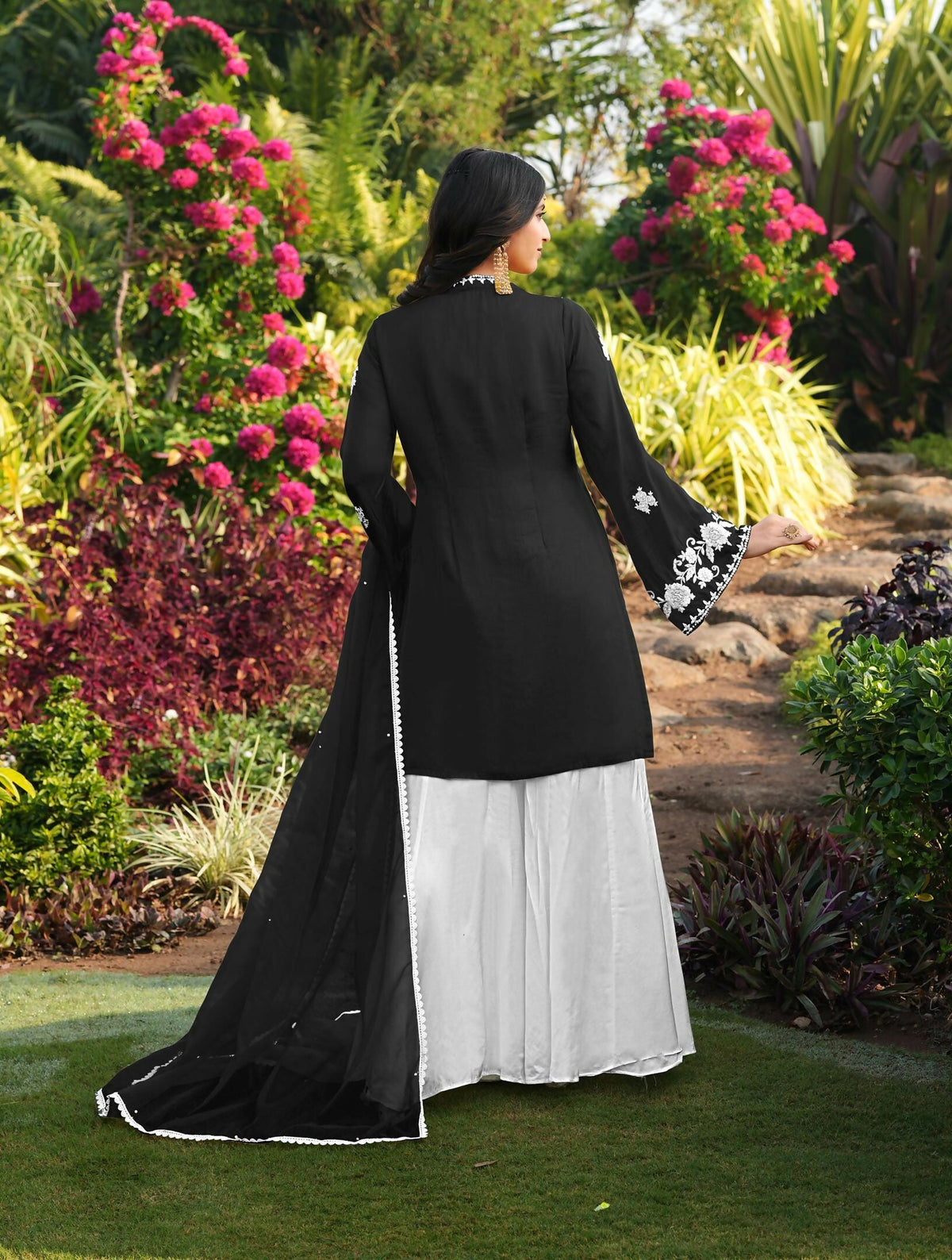 Nikhaar Black Embroidered Modal Silk Stitched Straight Cut Kurta Kalidar Palazzo Dupatta Readymade Suit | Grocsy