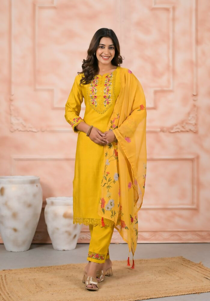 Ethnic Festive Wear Slik Yellow Stitched Suit With Dupatta - Anbazaar | Grocsy